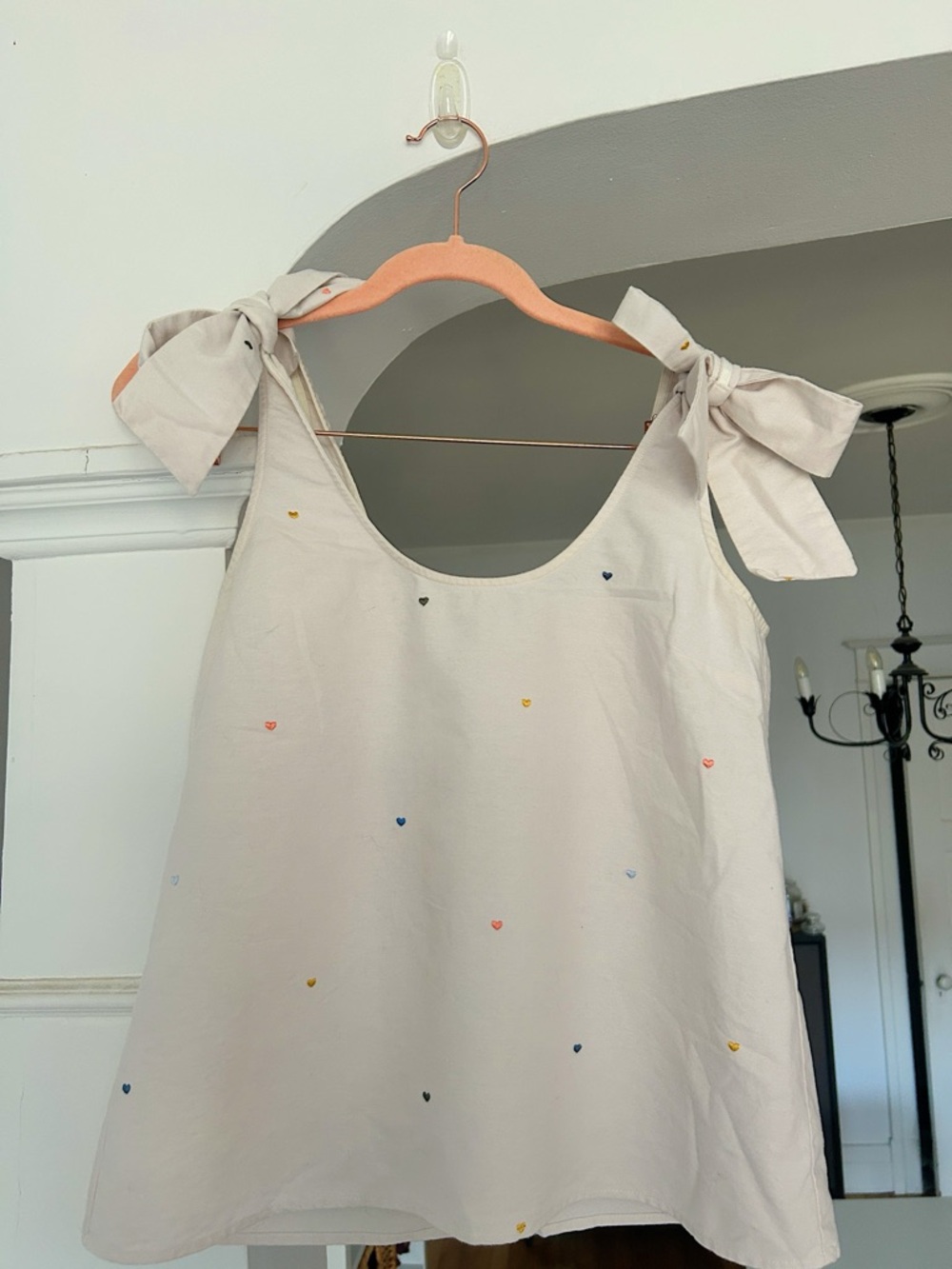 Sezane Cream Tie-Shoulder Tank with Multicolor Heart Embroidery